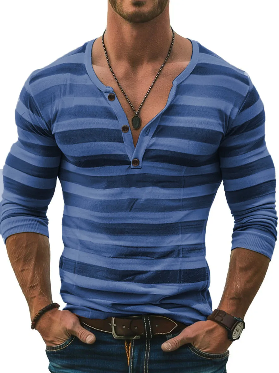 Men's Stripe Print Slim Fit Long Sleeve Henley T-Shirt