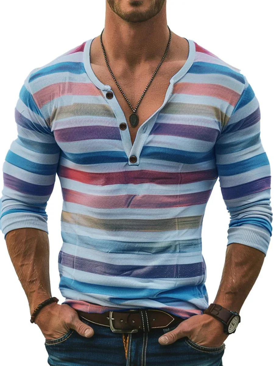 Men's Stripe Print Slim Fit Long Sleeve Henley T-Shirt