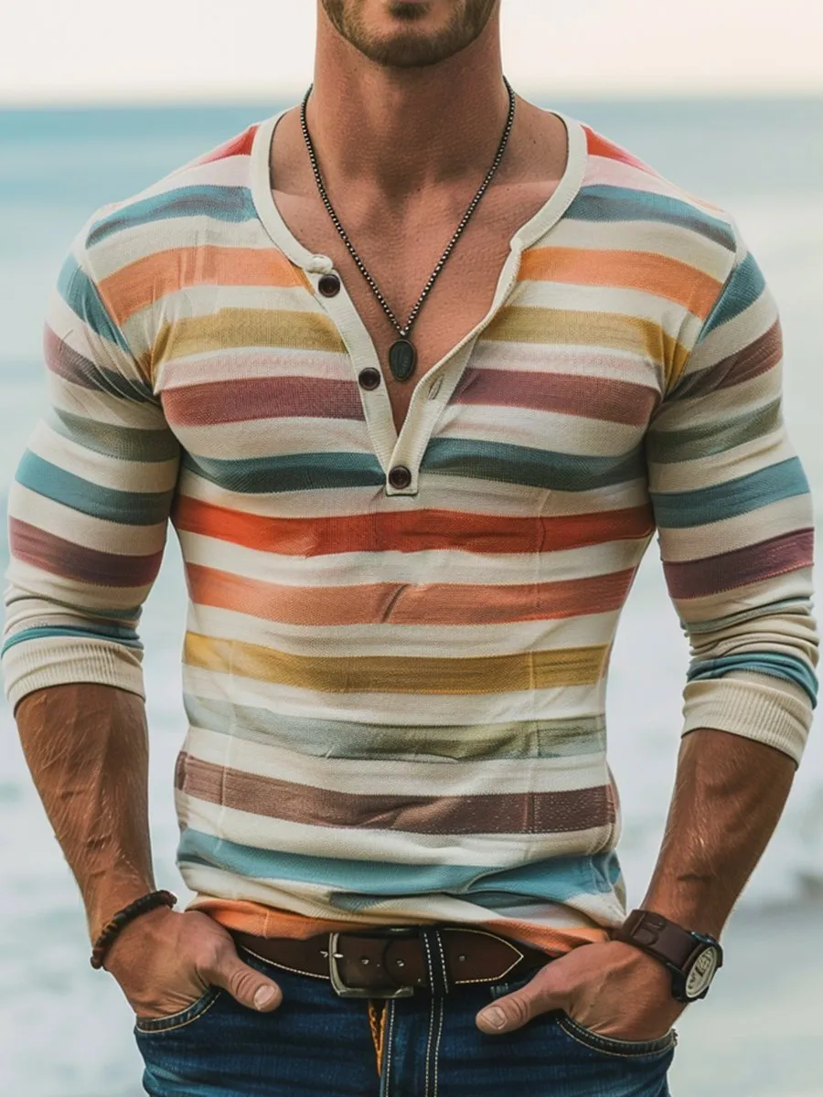 Men's Stripe Print Slim Fit Long Sleeve Henley T-Shirt