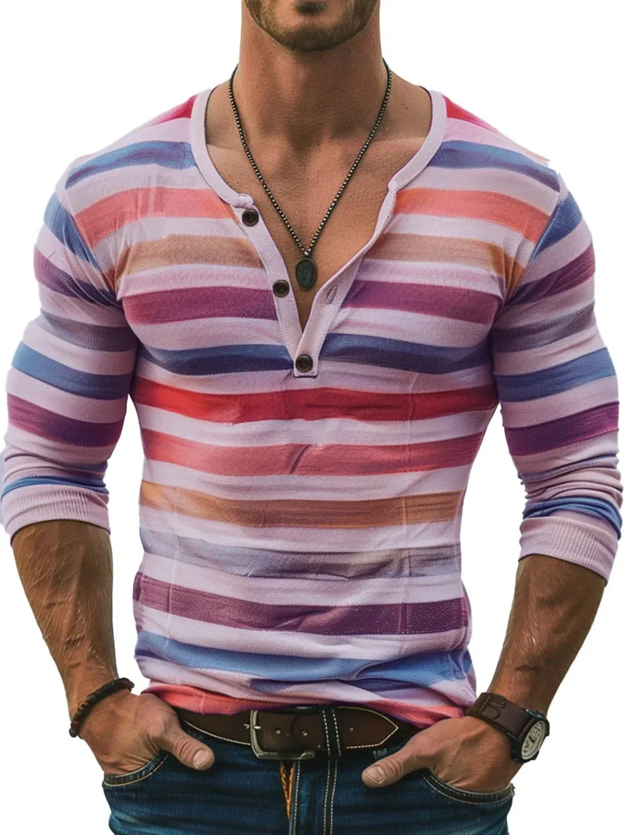 Men's Stripe Print Slim Fit Long Sleeve Henley T-Shirt