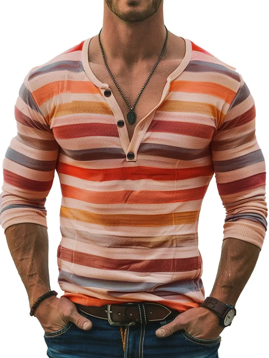 Men's Stripe Print Slim Fit Long Sleeve Henley T-Shirt