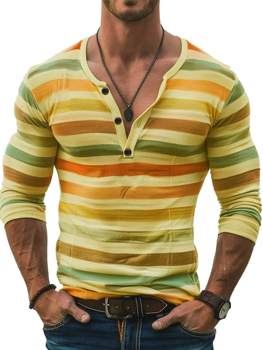 Men's Stripe Print Slim Fit Long Sleeve Henley T-Shirt
