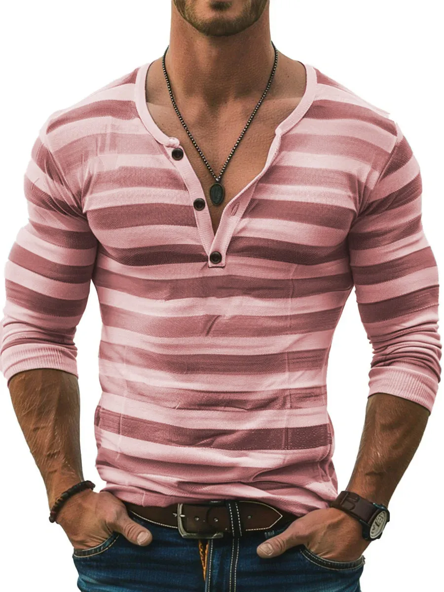 Men's Stripe Print Slim Fit Long Sleeve Henley T-Shirt