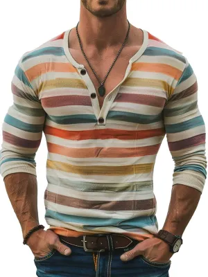 Men's Stripe Print Slim Fit Long Sleeve Henley T-Shirt