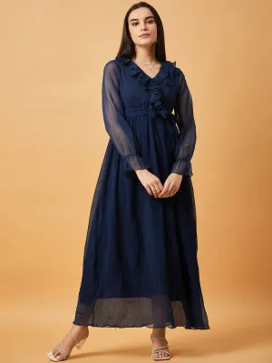 Navy Blue Solid V-Neck Maxi Dress