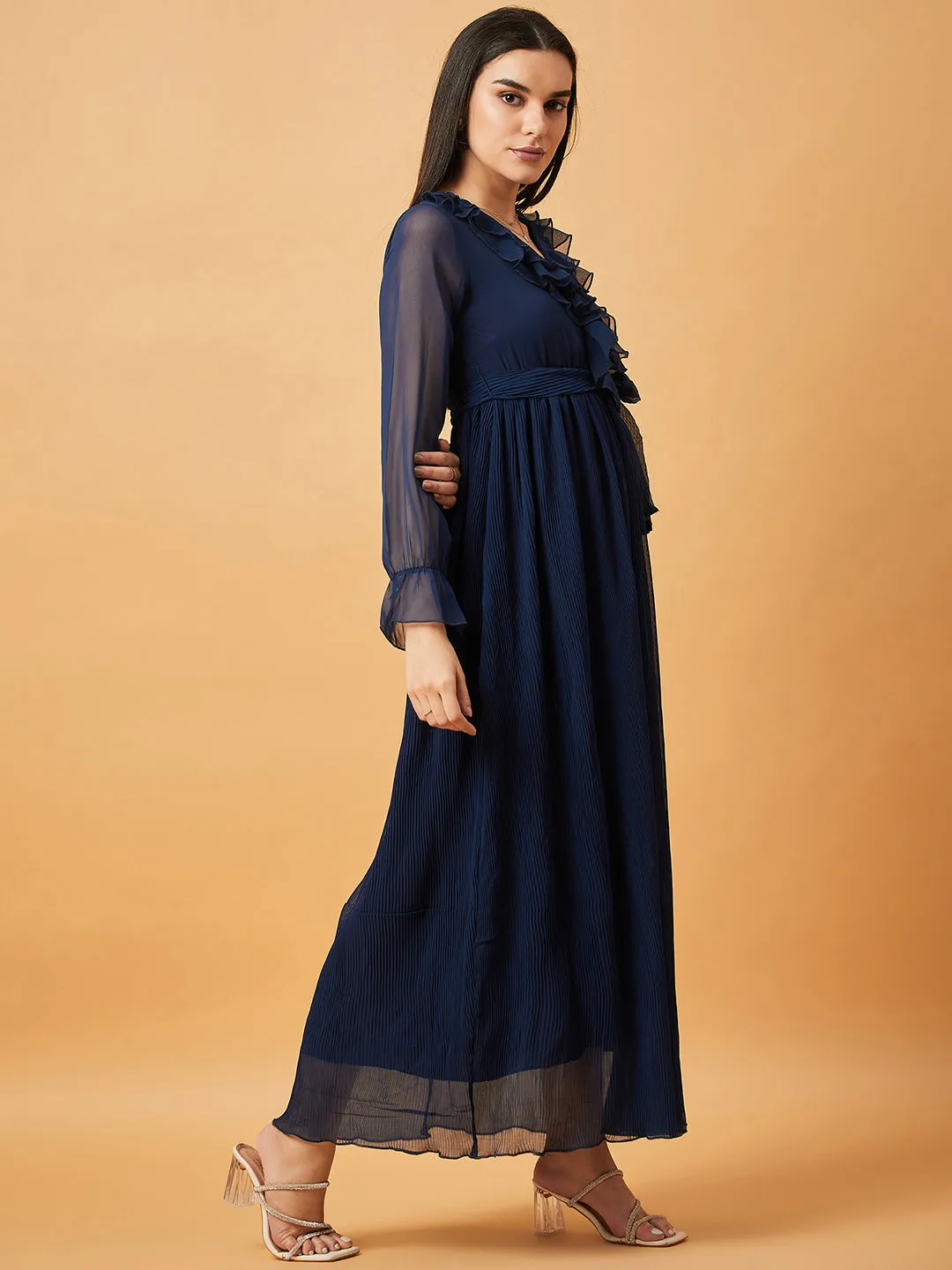 Navy Blue Solid V-Neck Maxi Dress