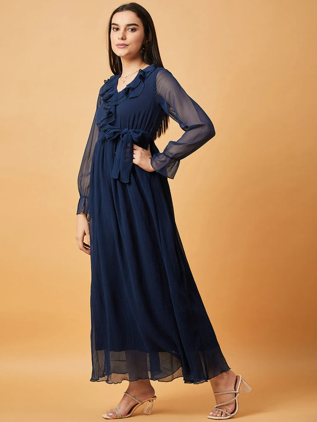 Navy Blue Solid V-Neck Maxi Dress