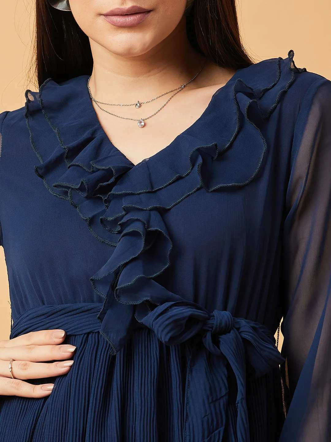 Navy Blue Solid V-Neck Maxi Dress