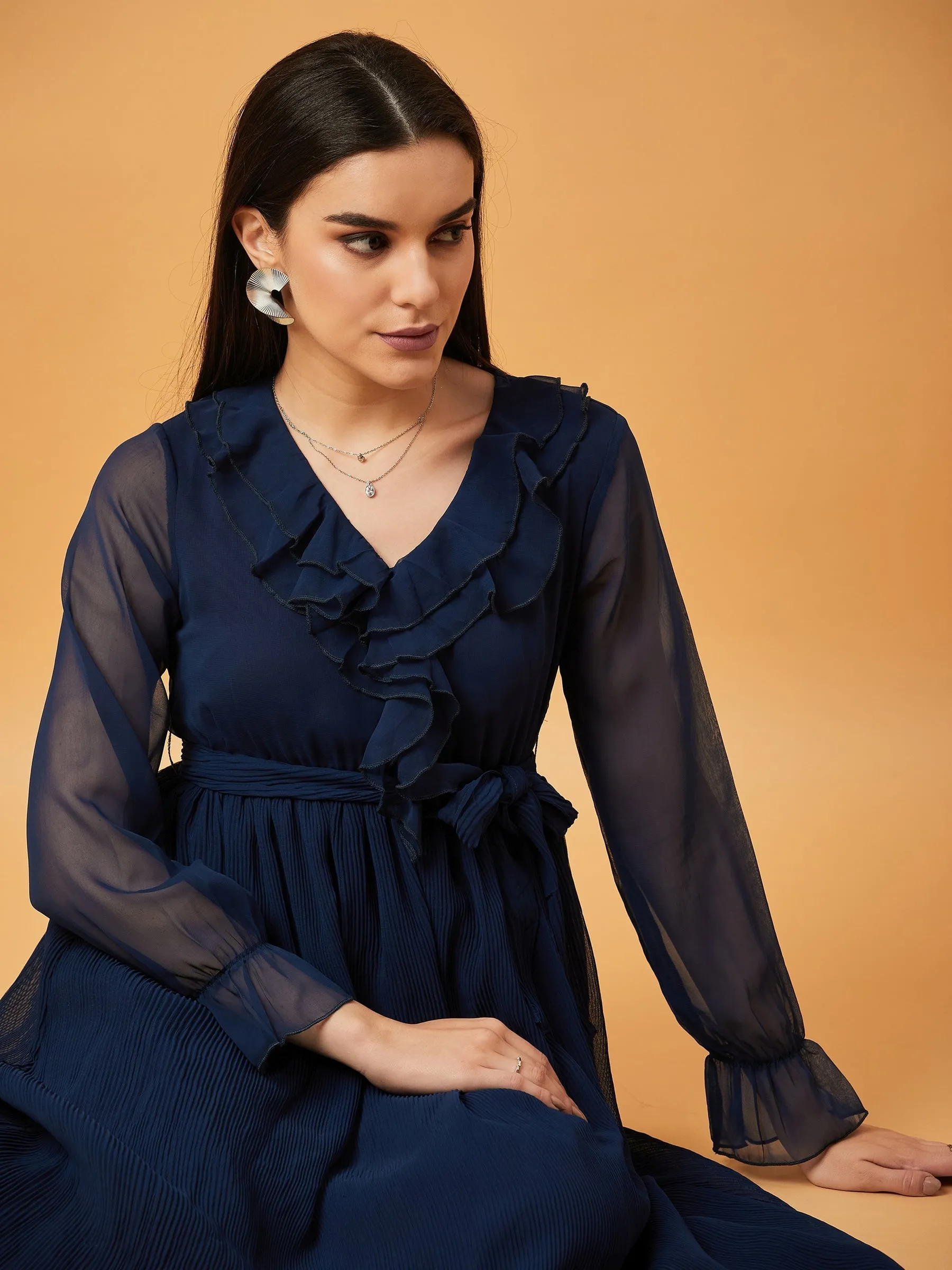 Navy Blue Solid V-Neck Maxi Dress