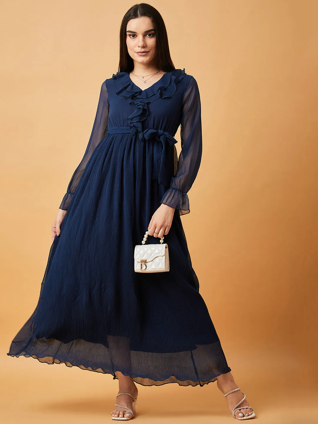 Navy Blue Solid V-Neck Maxi Dress