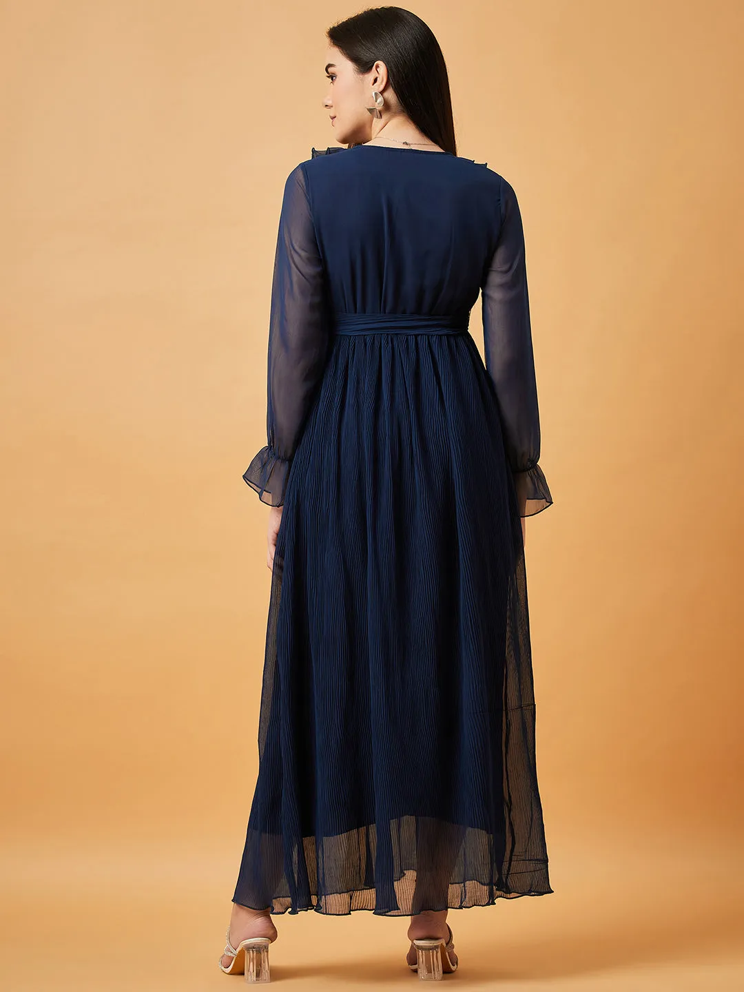 Navy Blue Solid V-Neck Maxi Dress