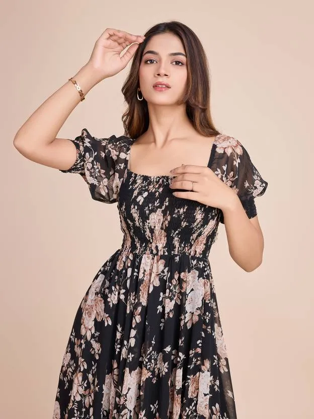 Noir Blossom Fit and Flare Dress