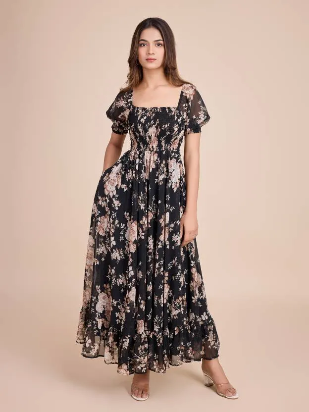 Noir Blossom Fit and Flare Dress