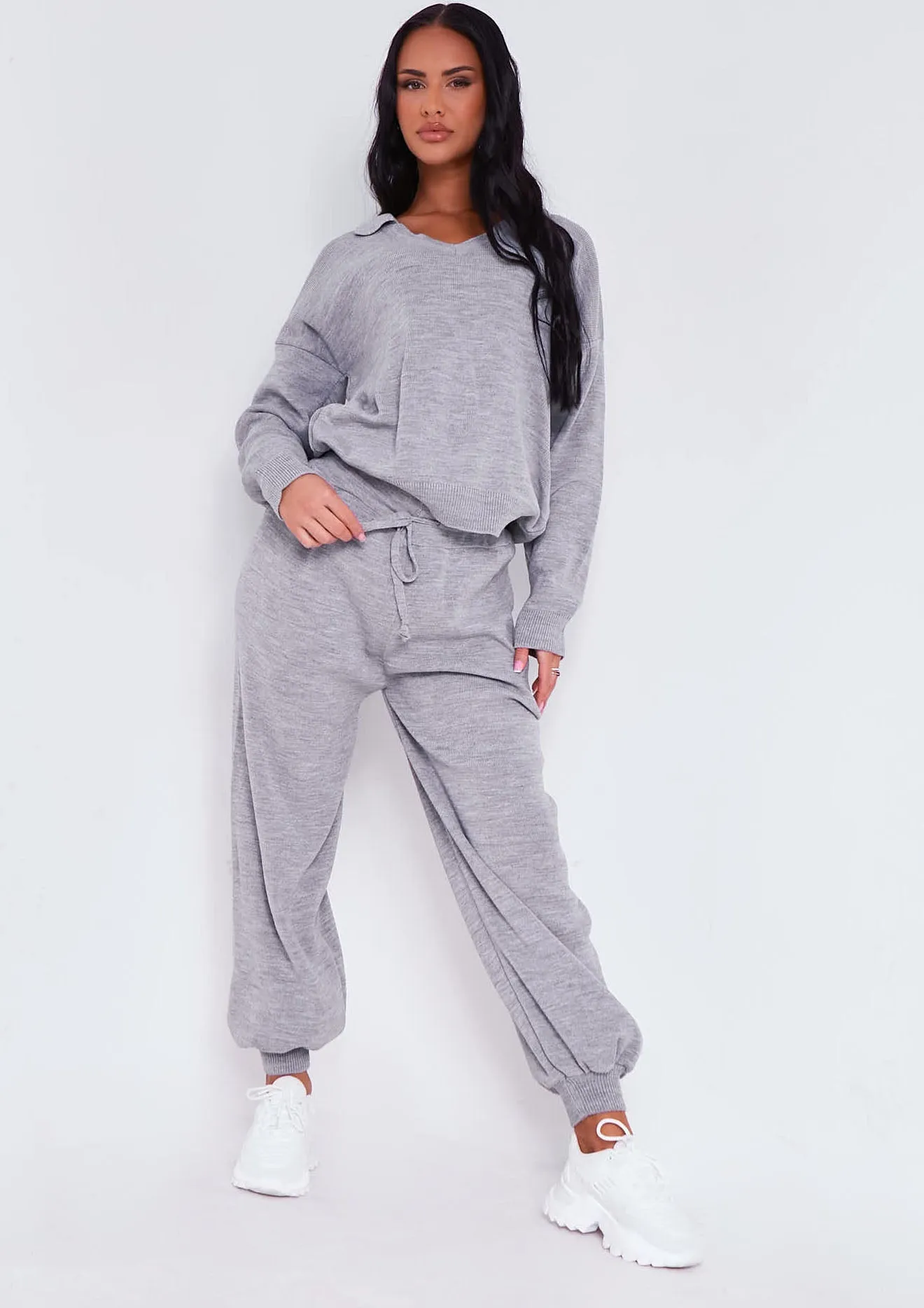 Nya Grey V Neck Knitted Jumper And Jogger Set