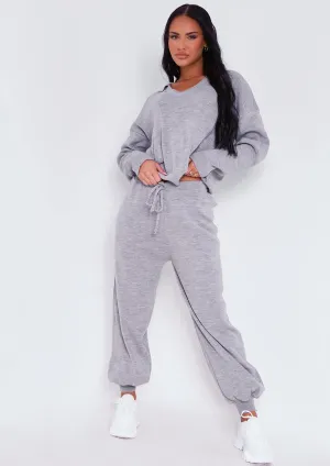 Nya Grey V Neck Knitted Jumper And Jogger Set
