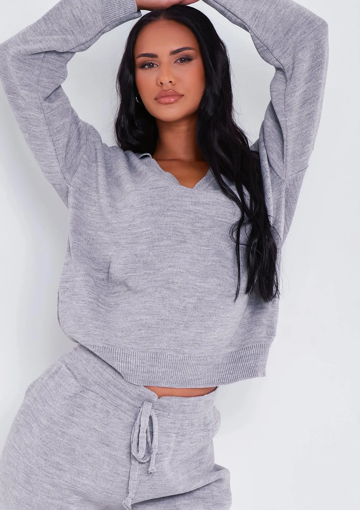 Nya Grey V Neck Knitted Jumper And Jogger Set