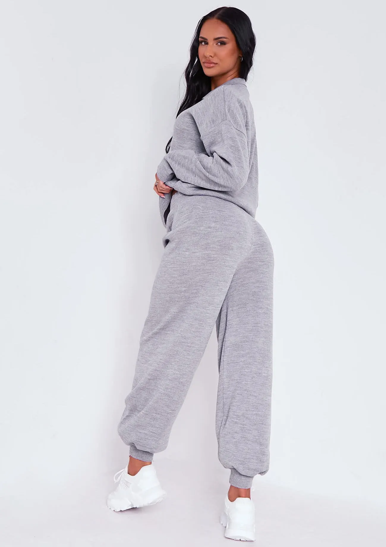 Nya Grey V Neck Knitted Jumper And Jogger Set