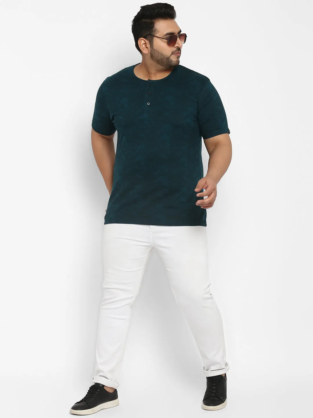 Plus Men's Dark Green Printed Regular Fit Henley Neck Half Sleeve Cotton T-Shirt