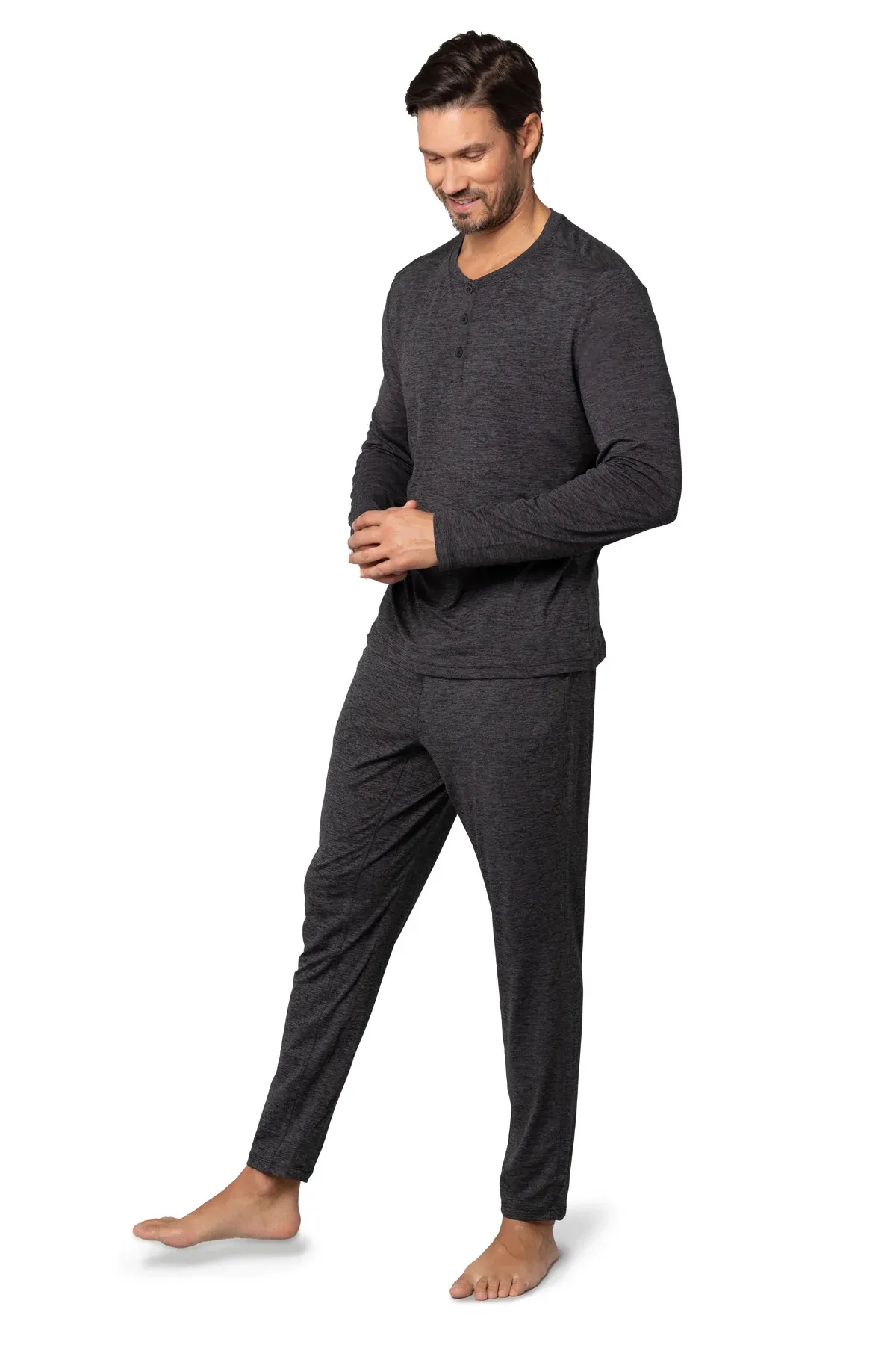 pure & simple Men's Leisure Long Sleeve Henley T-Shirt - Black Heather