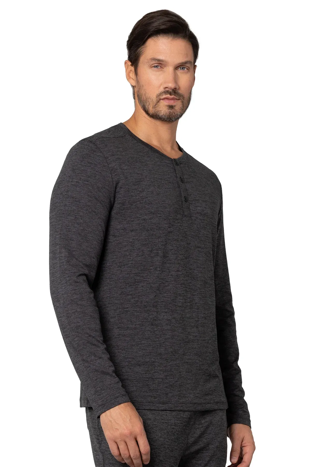 pure & simple Men's Leisure Long Sleeve Henley T-Shirt - Black Heather