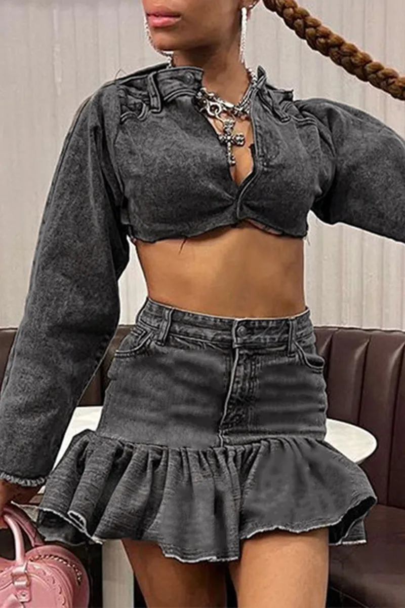 QF823 Denim Ruffled Mini Skirt