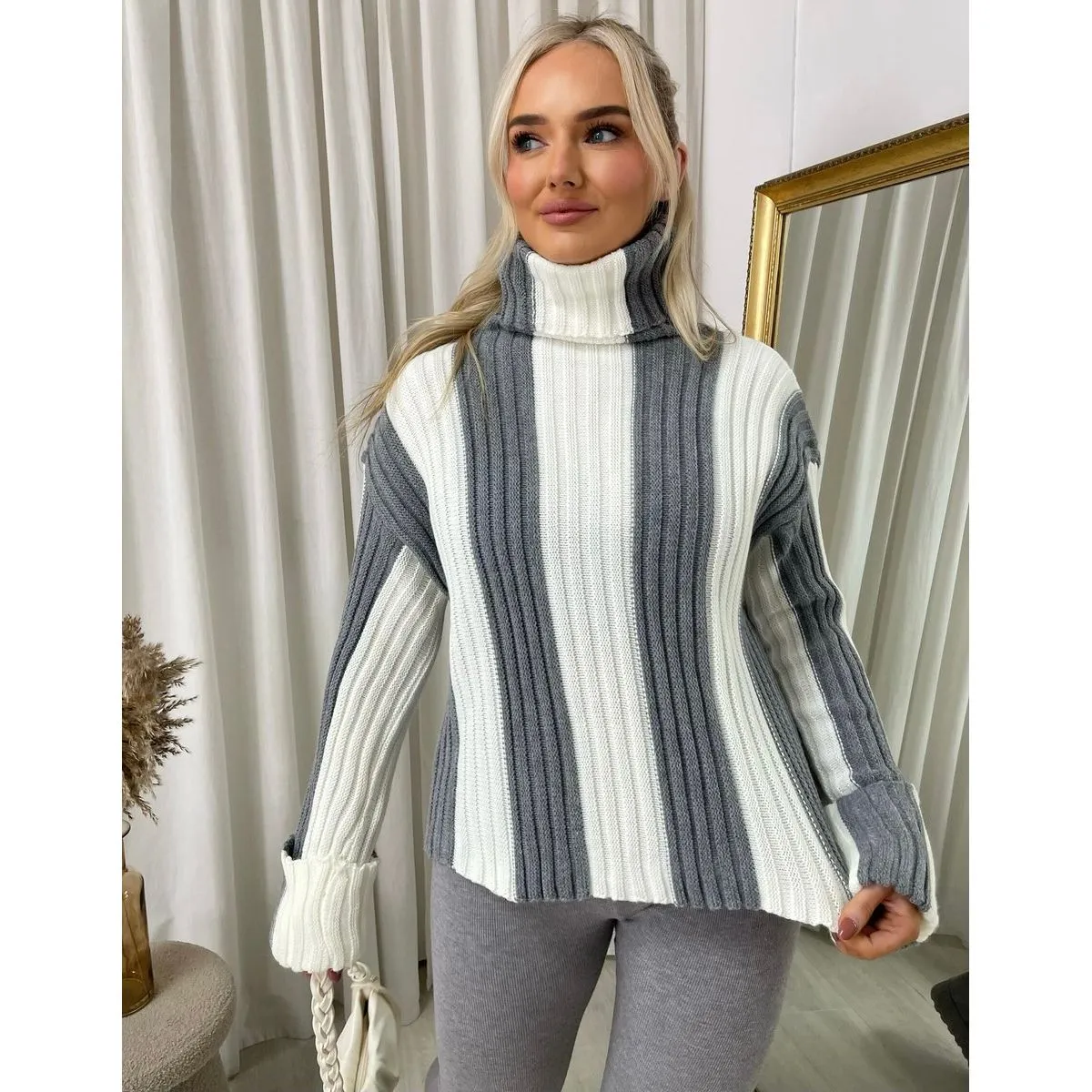 Roll Neck Stripe Knitted Jumper