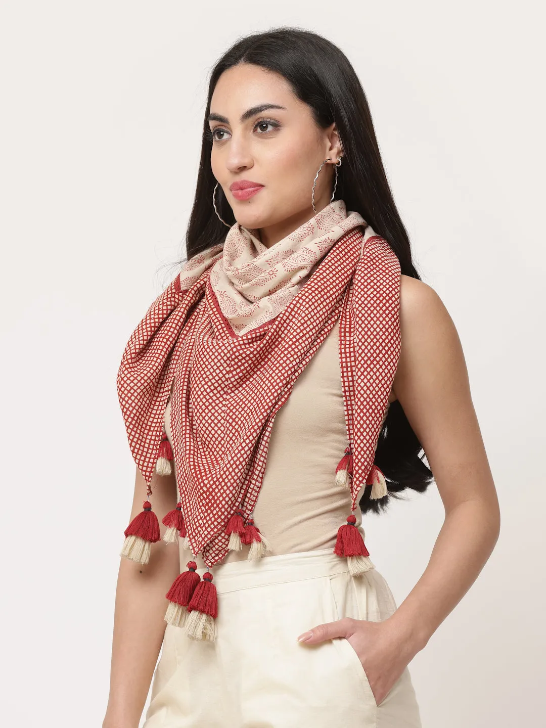 Rust Cotton Printed Detailed Scarf