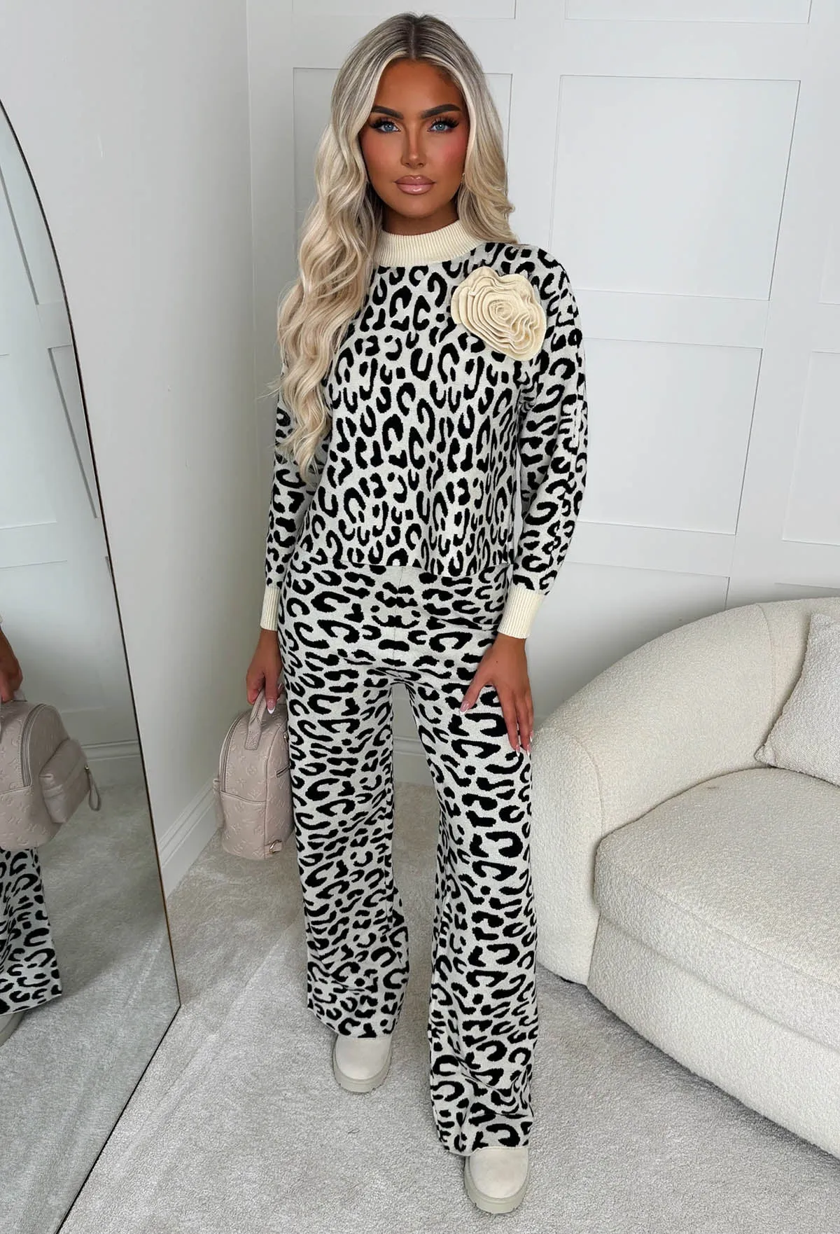 Sabela Cream Leopard Knit Rose Detail Jumper