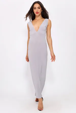 Silver Grey Plunge Front Maxi Dress