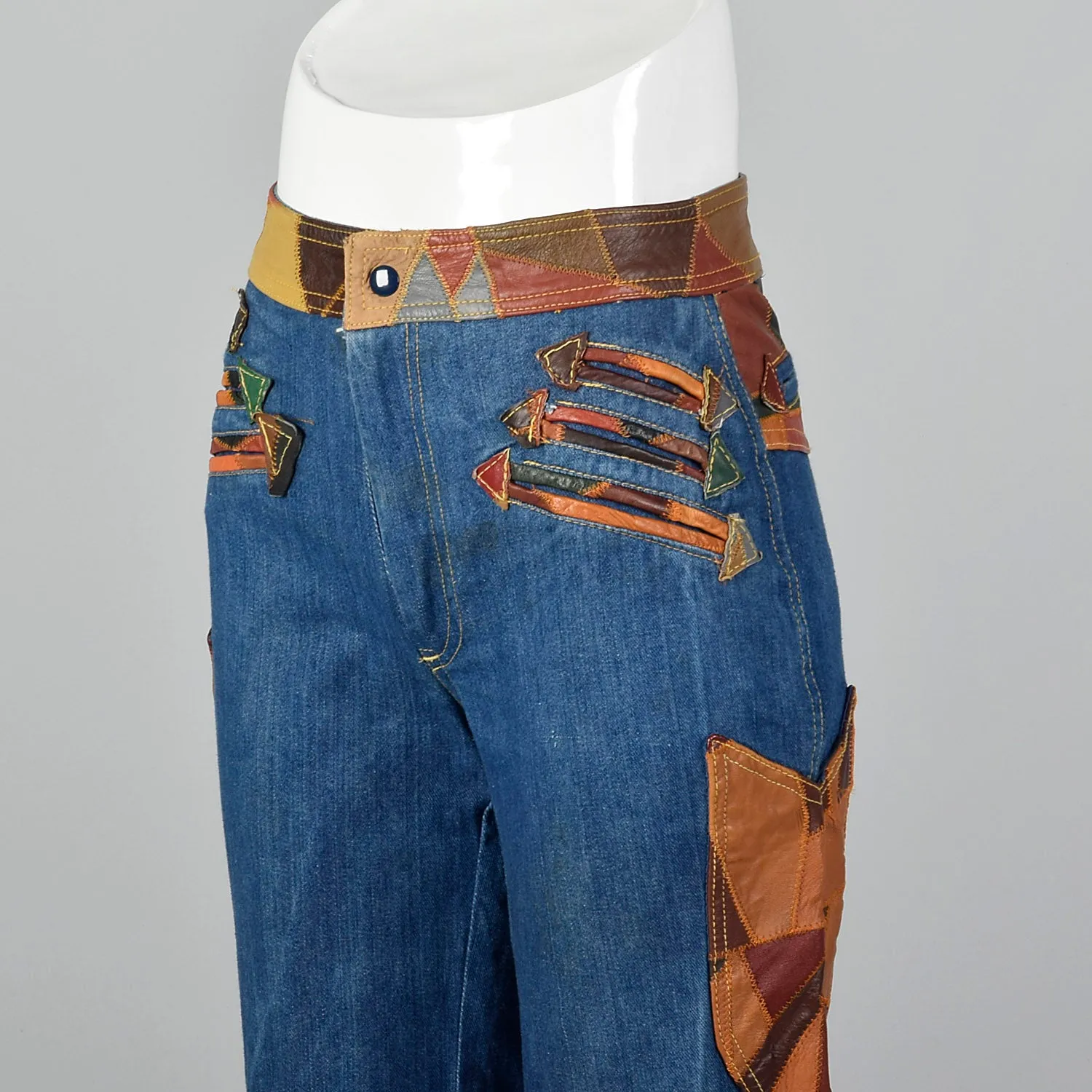 Small 1970s Patchwork Leather Denim Bellbottoms