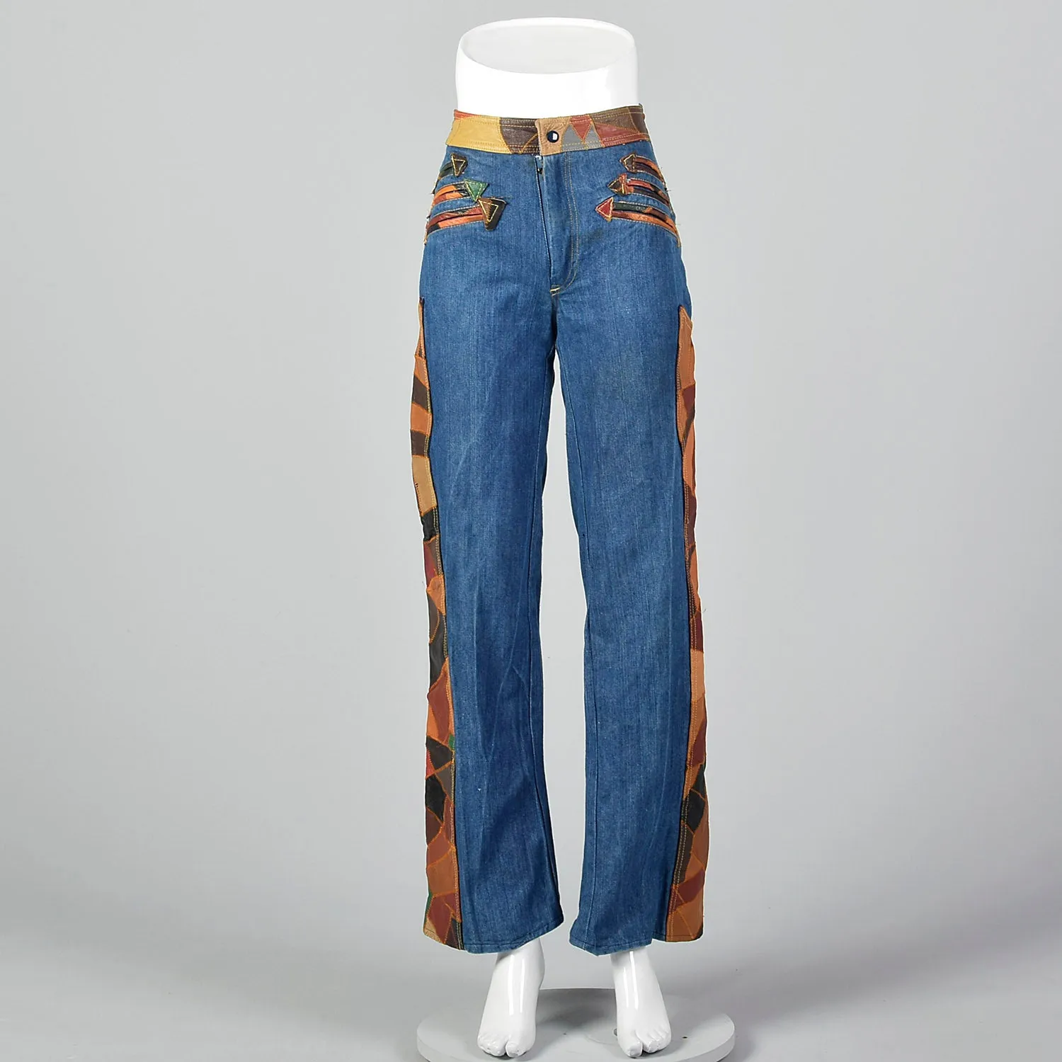Small 1970s Patchwork Leather Denim Bellbottoms