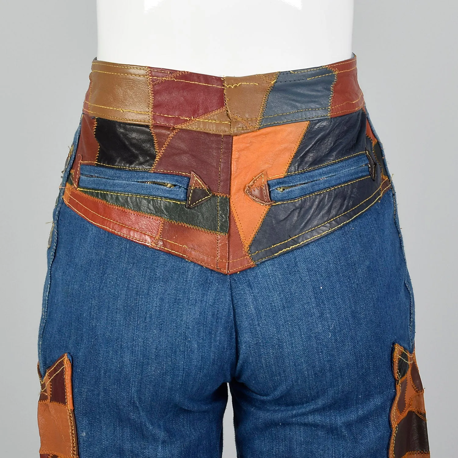 Small 1970s Patchwork Leather Denim Bellbottoms