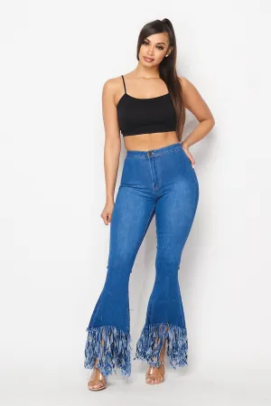 Super High Waisted Distressed High Low Bell Bottoms - Medium Denim