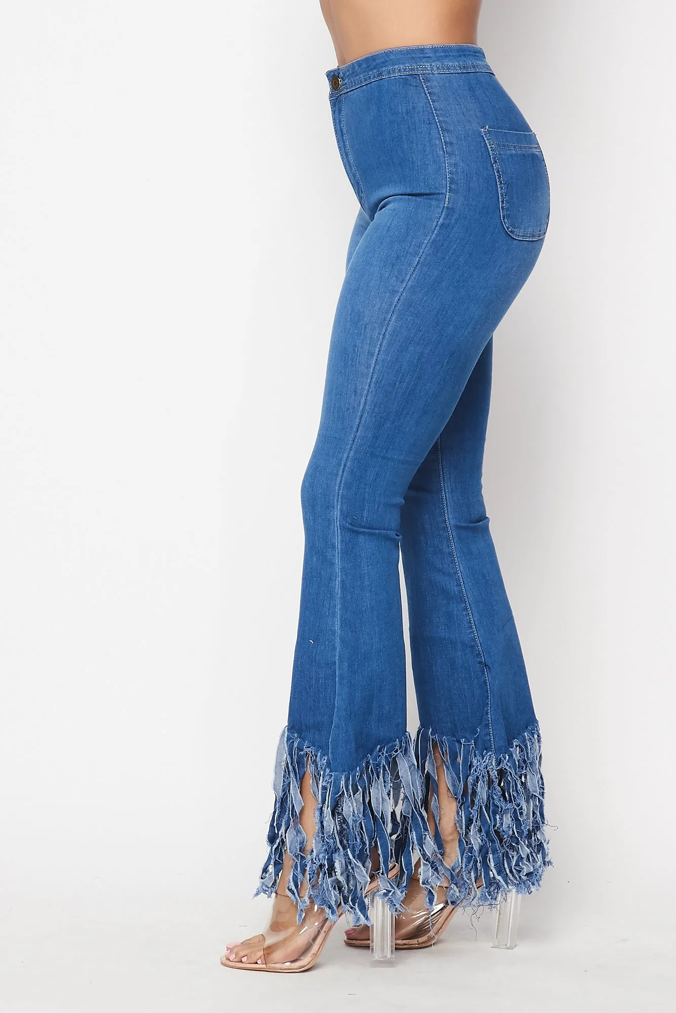 Super High Waisted Distressed High Low Bell Bottoms - Medium Denim