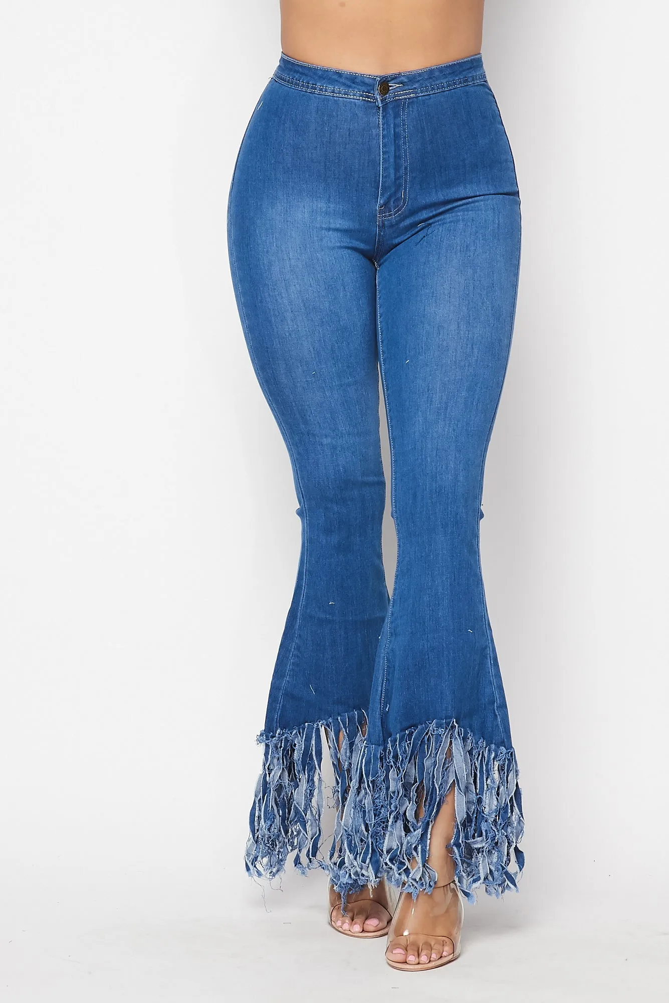 Super High Waisted Distressed High Low Bell Bottoms - Medium Denim