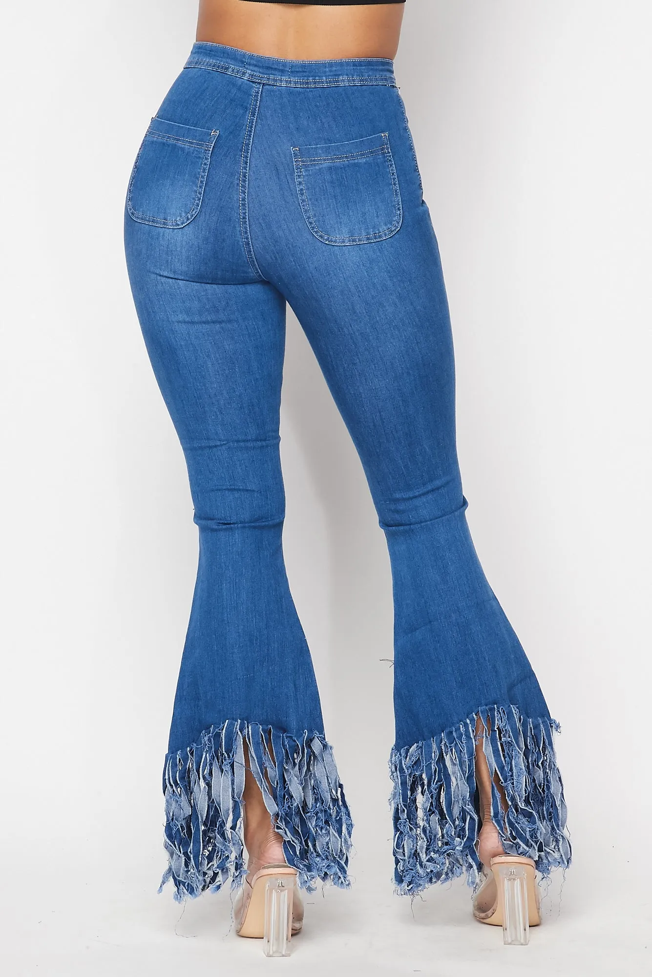 Super High Waisted Distressed High Low Bell Bottoms - Medium Denim