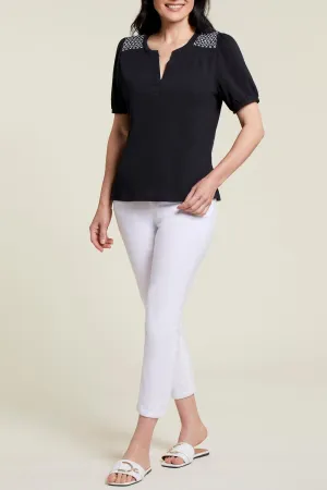 Tribal Short-Sleeve Henley Top w/ Shoulder Detail 1329O-3728-0002 Black
