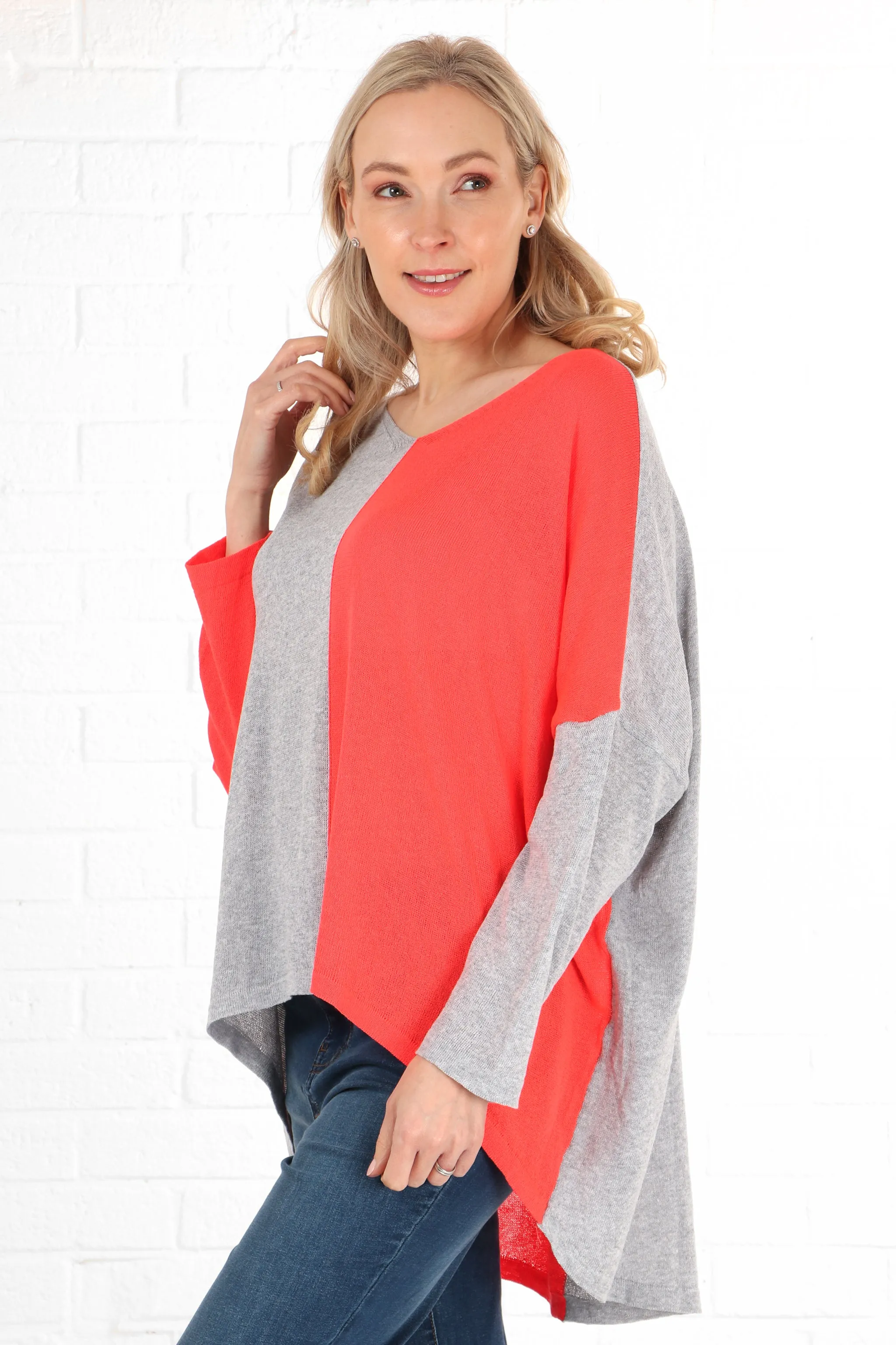 V-Neck Lightweight Cotton Jumper Two Tone Light Grey and Coral