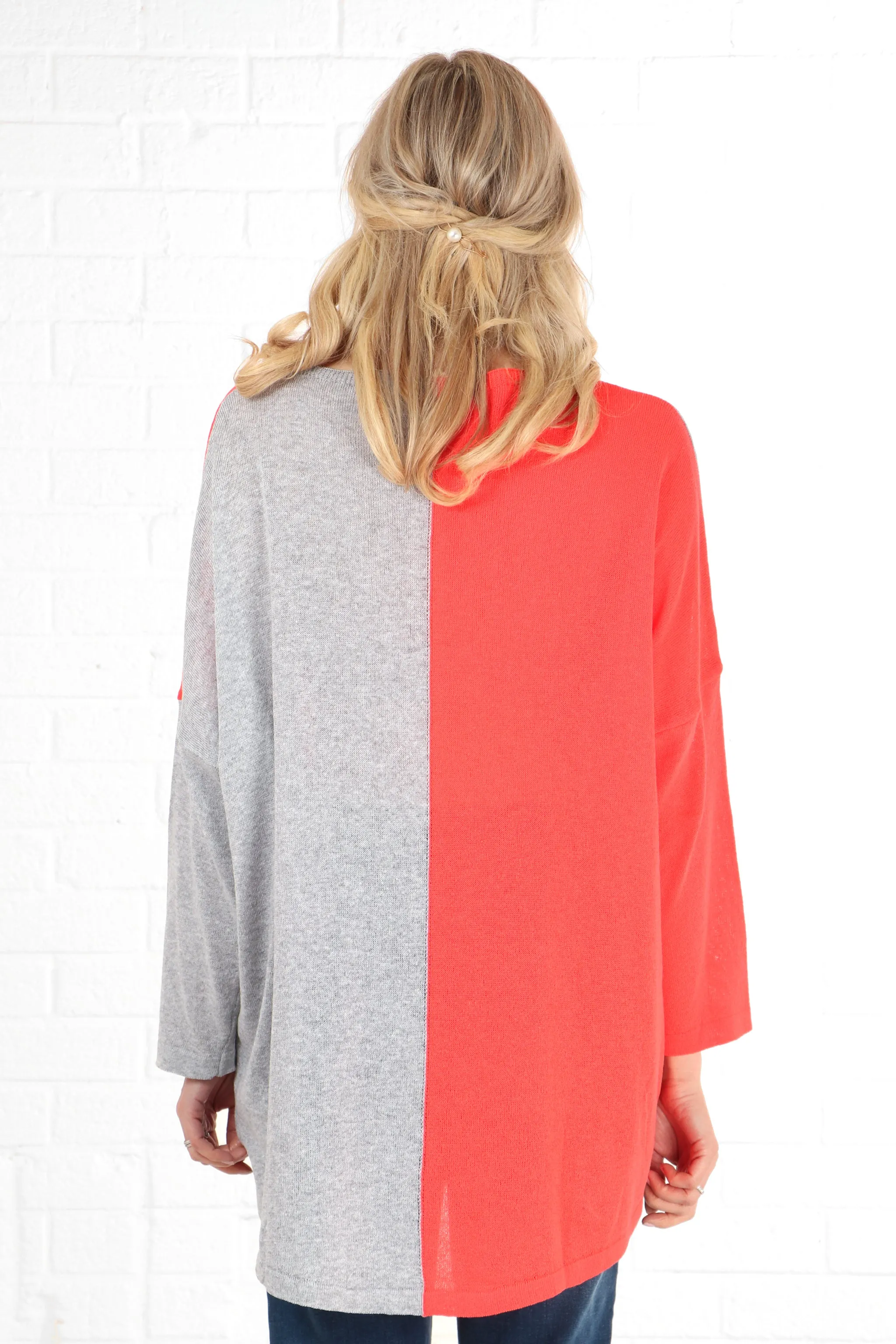 V-Neck Lightweight Cotton Jumper Two Tone Light Grey and Coral