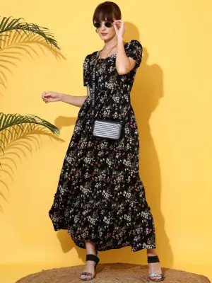Vivid Blossom Black Maxi Dress