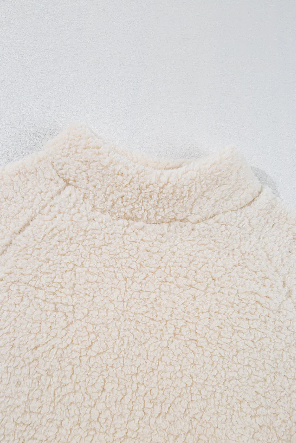 White Solid Fleece High Neck Drop Shoulder Pullover Sweatshirt